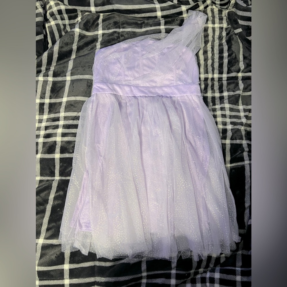 lilac one shoulder backless mesh fit and flare dress by double crazy